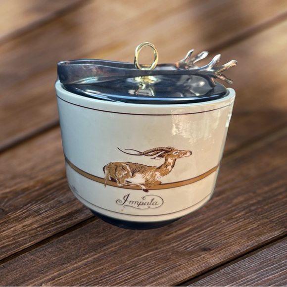 Cera Ice Bucket w/ Lid and Tongs Safari Animals Cheetah Rhino Vinyage MCM - Picture 2 of 5